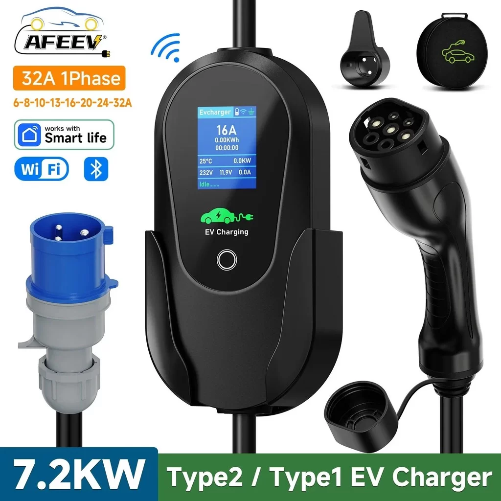 AFYEEV Type2 IEC 62196-2 Portable EV Charger 7.2KW 32A Type2 Wallbox EVSE Fast Charging Cable WiFi APP Bluetooth Control