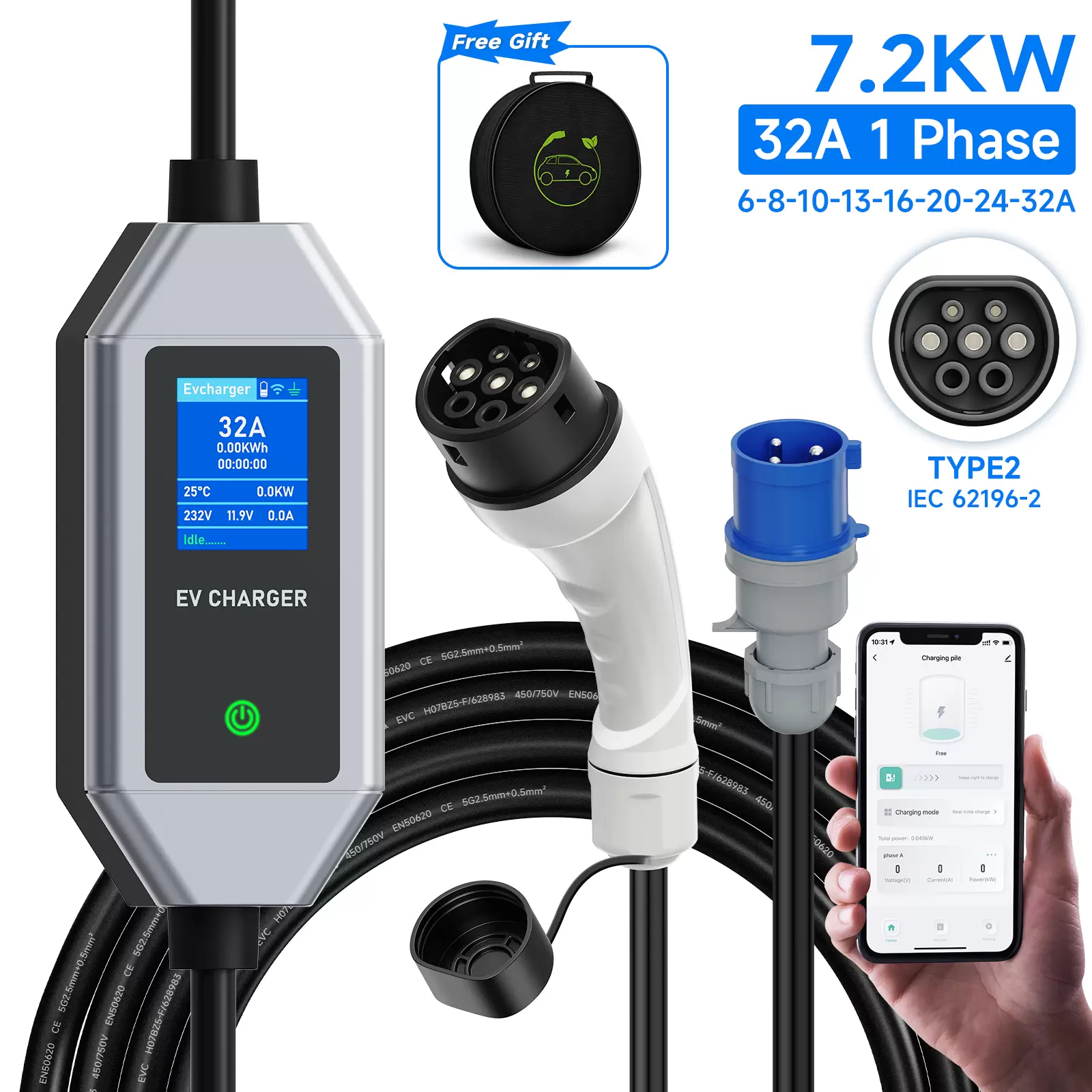 AFYEEV Type 2 Portable EV Charger 7KW 32A 3Phase Wallbox IEC62196-2 EVSE Fast Charging Cable CEE Plug WIFI APP Bluetooth Control