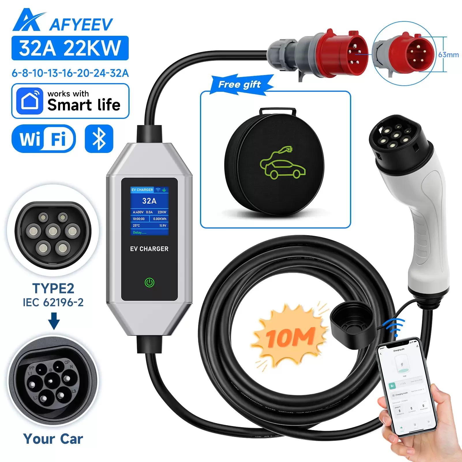 AAFYEEV 22KW 32A 3Phase Type2 Portable EV Charger Type2 IEC62196-2 EVSE Charging Box Charging Station For Electric Car Wi-Fi APP Control