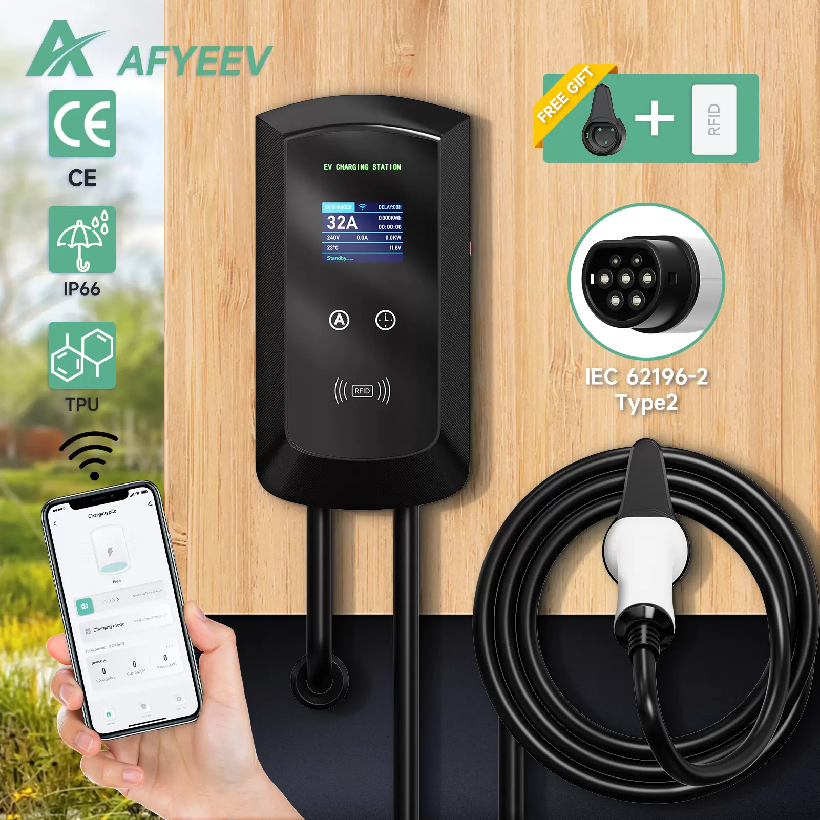 AFYEEV 32A EV Charging Station 22KW 3Phase Electric Vehicle Car Charger 11KW Type2 IEC62196-2 EVSE Wallbox APP Control 5m Cable