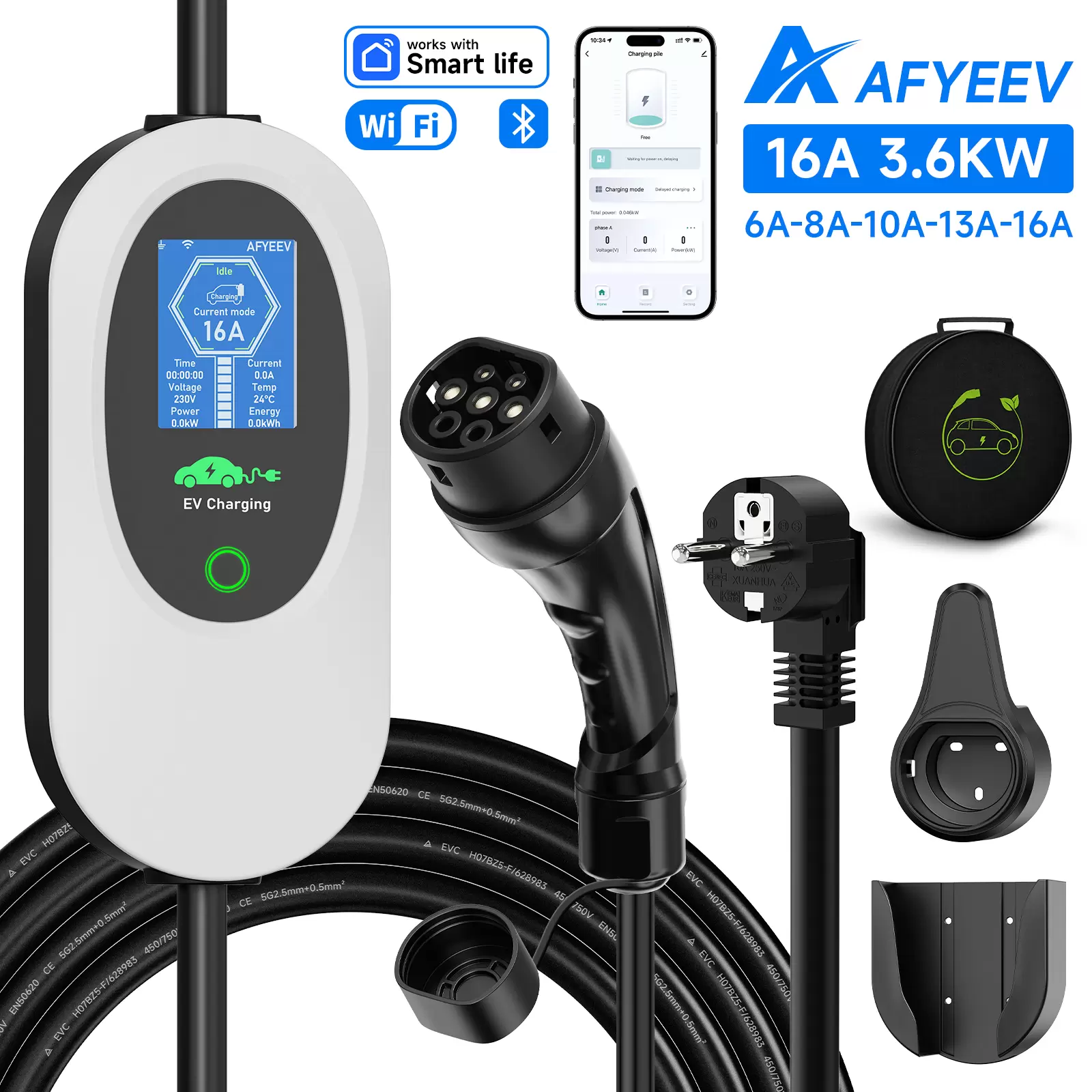 AFYEEV Portable EV Charger Type2 16A 3.5KW EVSE Wi-Fi APP Control Adjustable Current Smart Timing Charging for Home & Outdoor Use