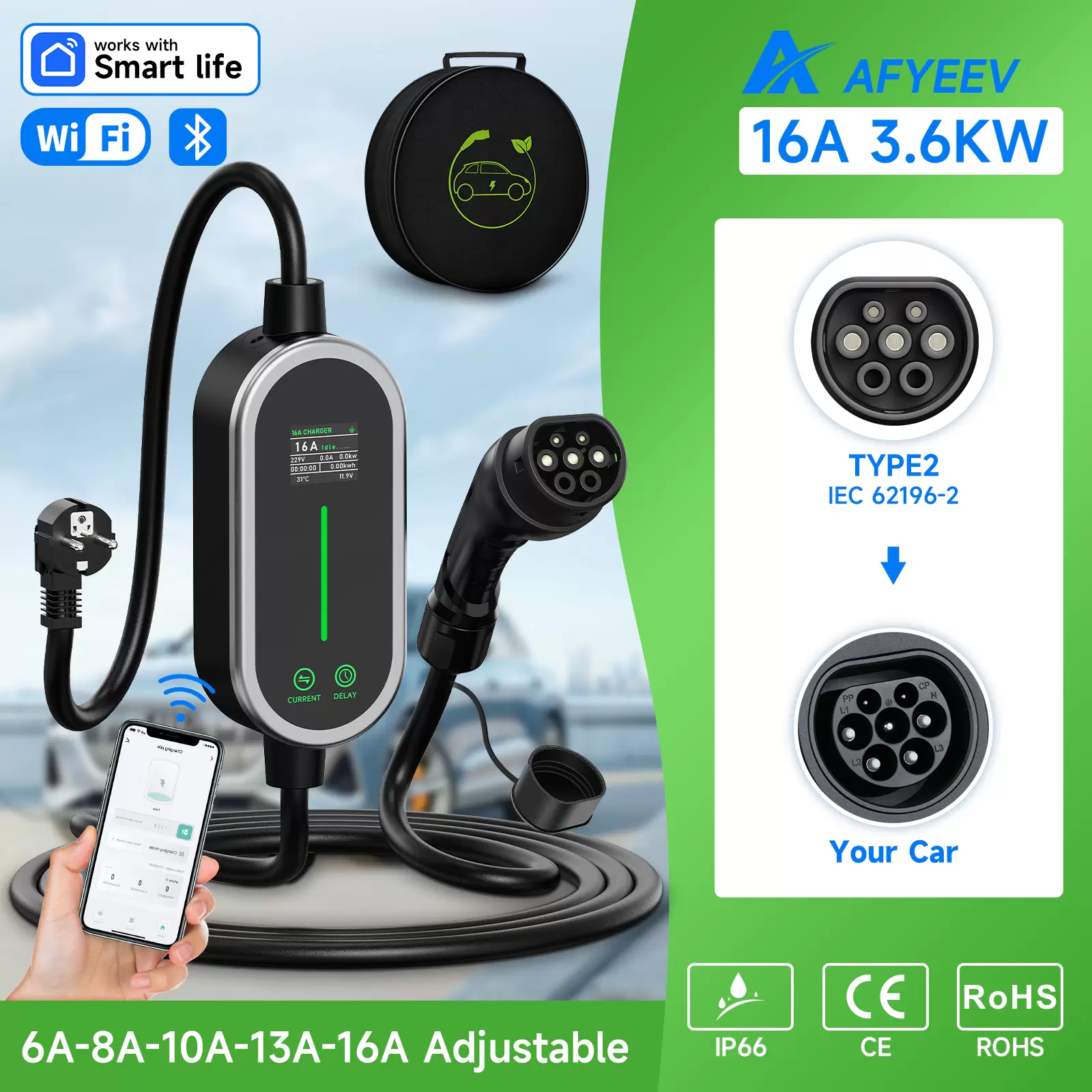 AFYEEV 3.5KW Portable EV Charger 5M Cable Type2 IEC62196 Connector 16A 1Phase Type2 Wallbox Charging for Electric Vehicle