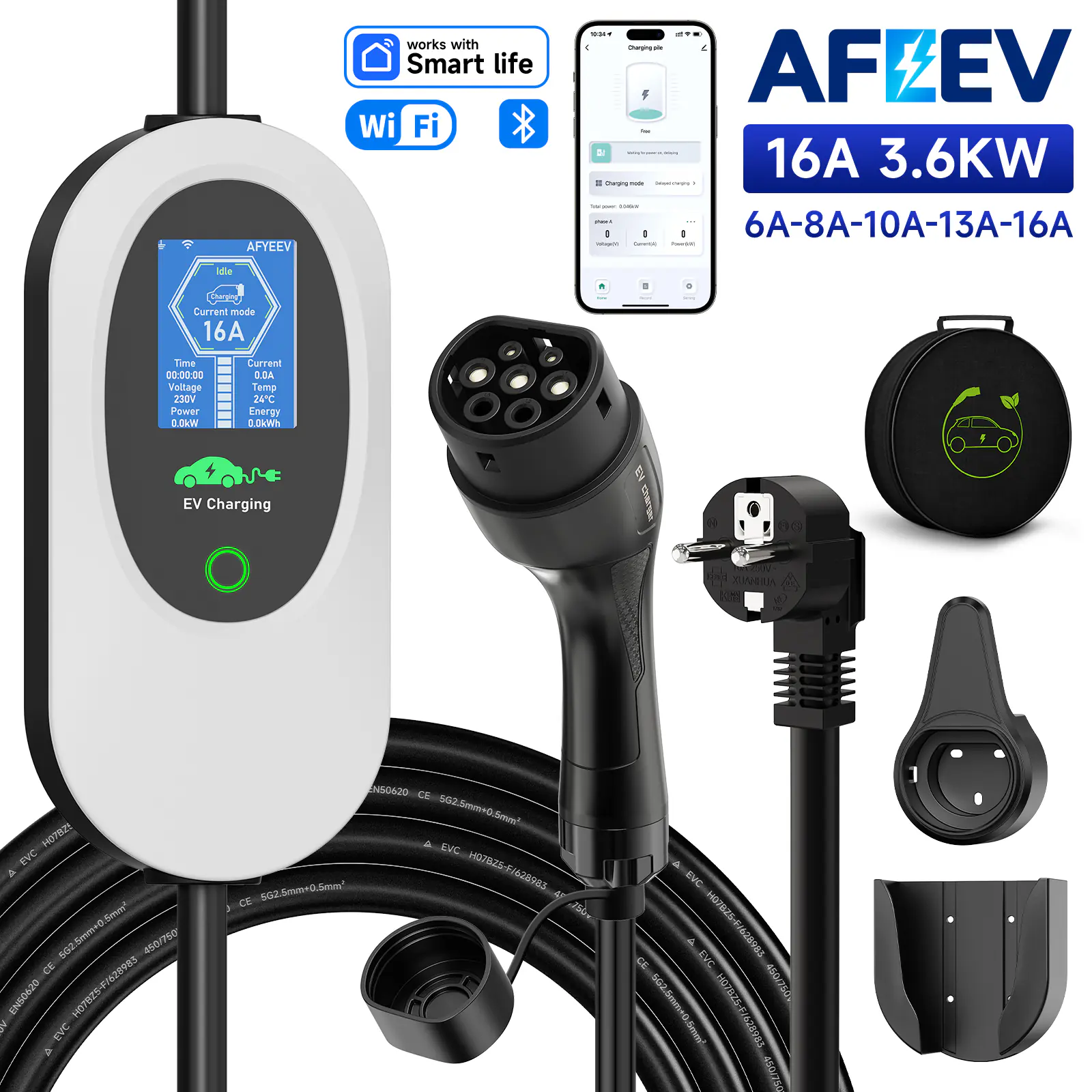 AFEEV Portable EV Charger Type2 16A 3.5KW EVSE Wi-Fi APP Control Adjustable Current Smart Timing Charging for Home & Outdoor Use