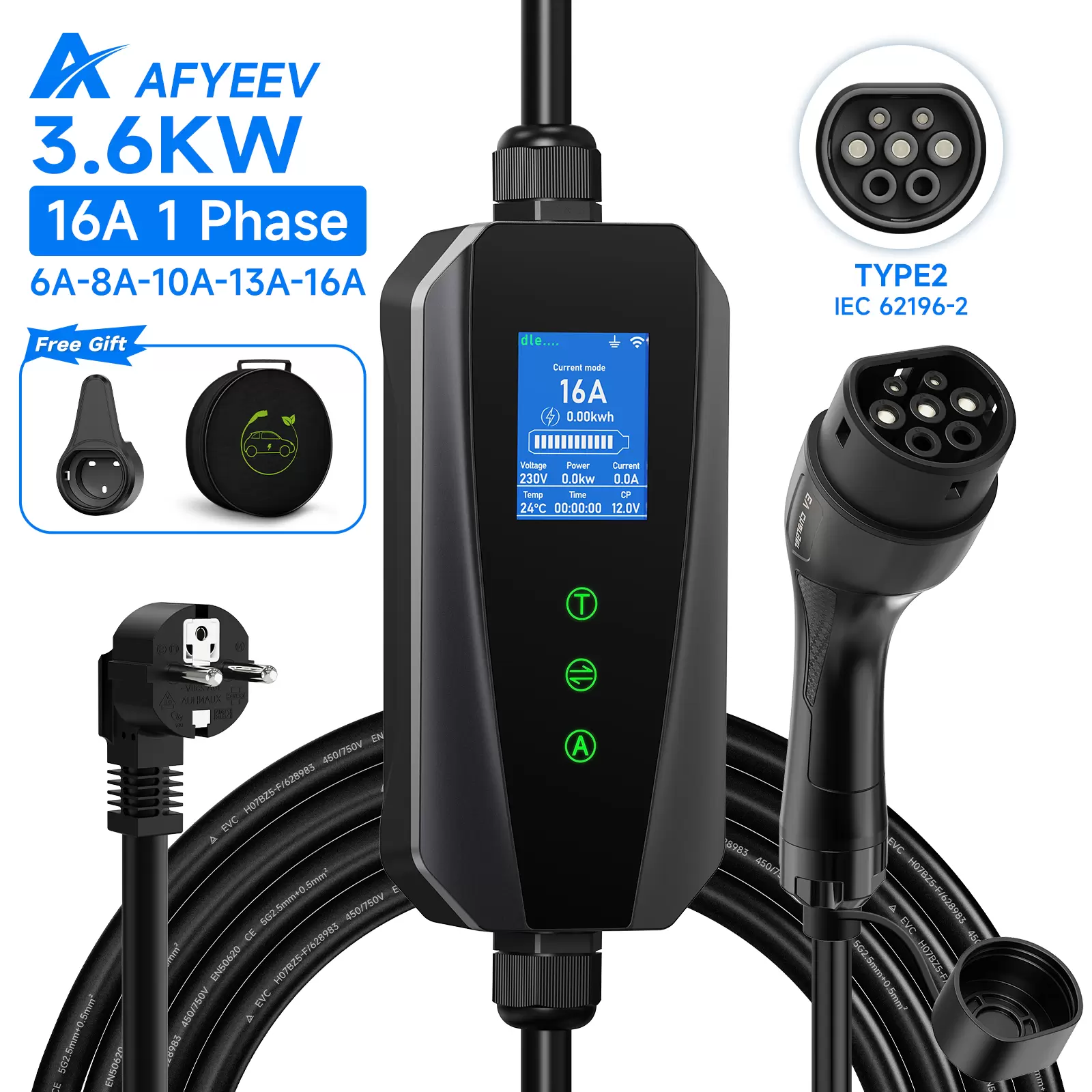AFYEEV Portable EV Charger Type2 IEC62196-2 16A EVSE Charging Cable Type2 EU Plug Controller Wallbox for Electric Car BYD Atto/ Seal/ Dolphin etc.