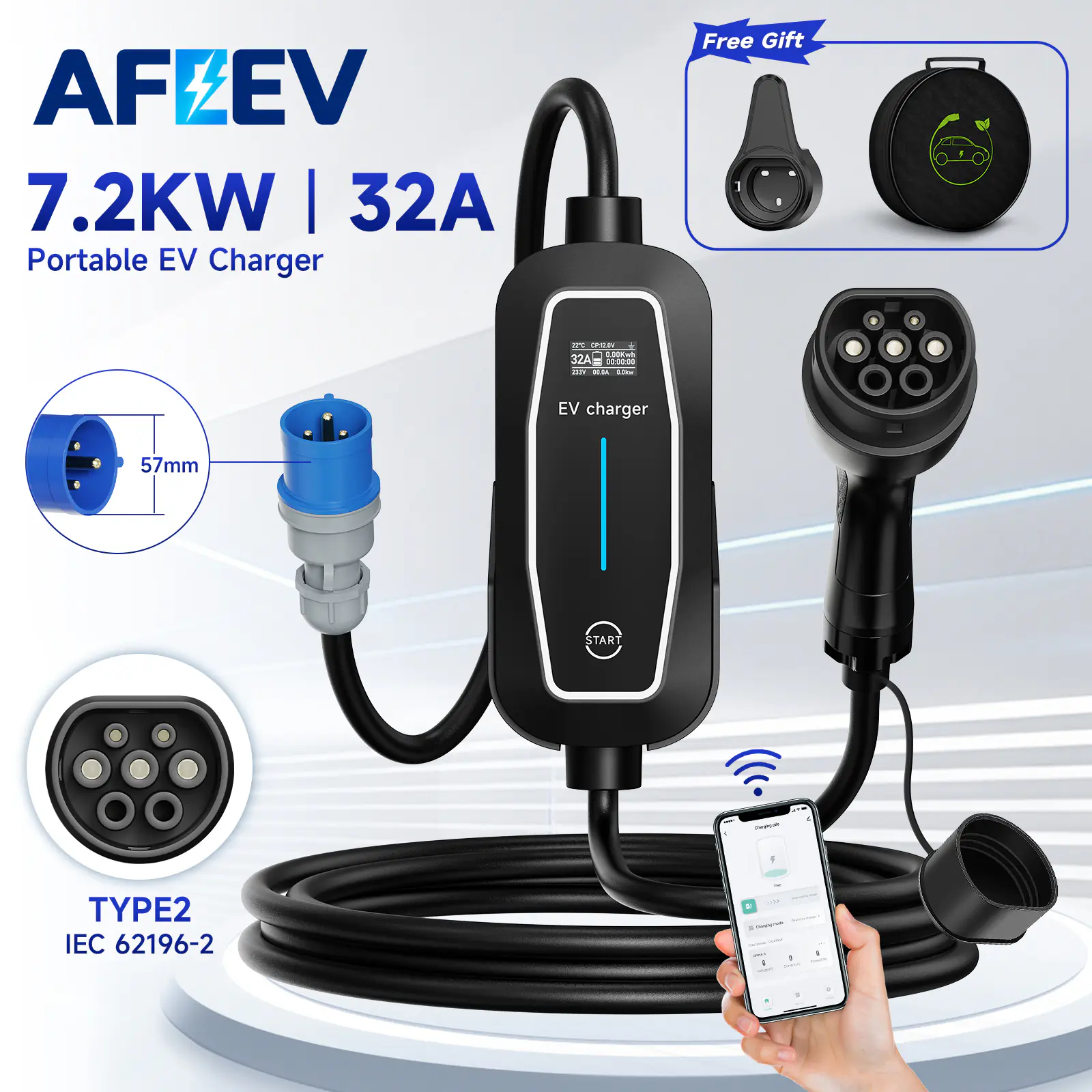 AFEEV Type 2 Portable EV Charger 7KW 5M Cable Type2 IEC62196 Connector 32A 1Phase Wallbox Charging for Electric Vehicle
