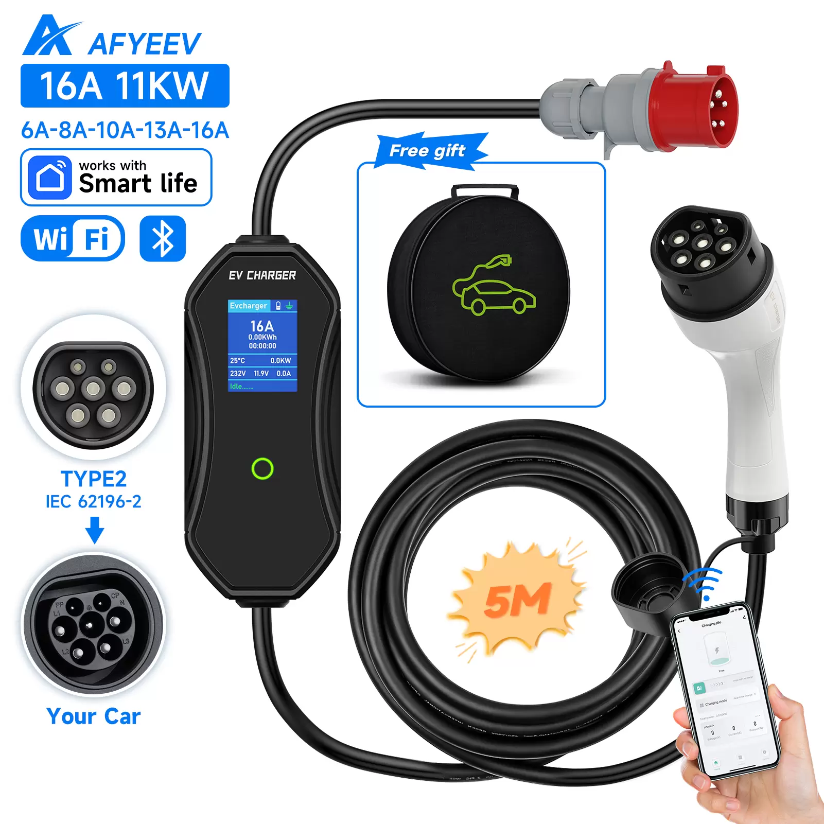 AFYEEV Type2 Portable EV Charger 11KW 16A 3P Type2 Car Charger Wi-Fi APP Control EVSE Charging Box CEE Plug for Electric Vehicle