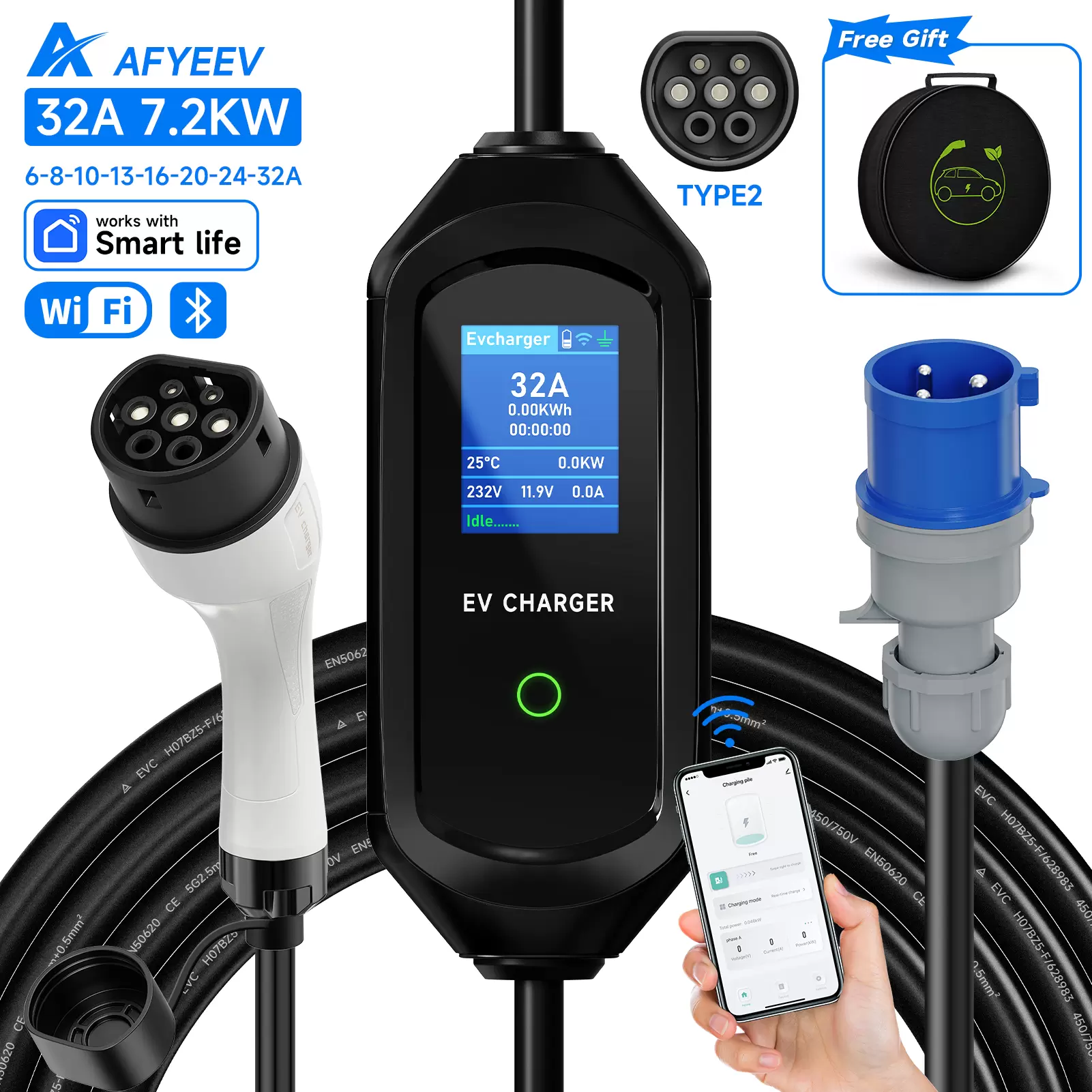 AFYEEV 32A 7.2KW Type2 EV Charger Portable Type2 Electric Vehicle Charger EVSE Charging Cable WiFi Bluetooth APP Control