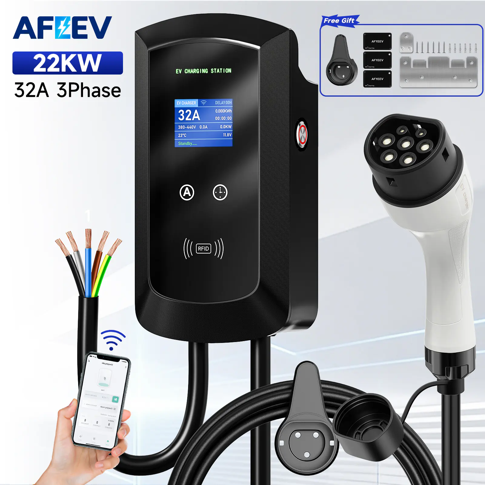 AFEEV 32A EV Charging Station 22KW 3Phase Electric Vehicle Car Charger 11KW Type2 IEC62196-2 EVSE Wallbox APP Control 5m Cable