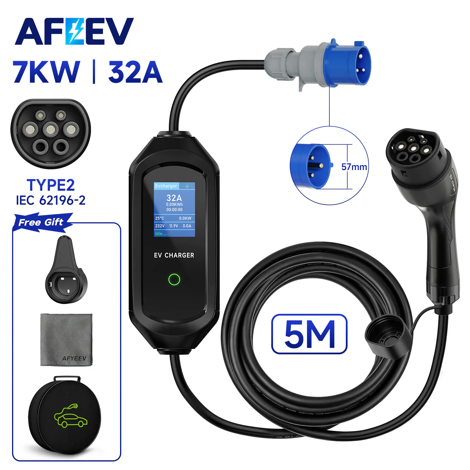 AFEEV 32A 7.2KW Type2 EV Charger Portable Type2 Electric Vehicle Charger EVSE Charging Cable WiFi Bluetooth APP Control