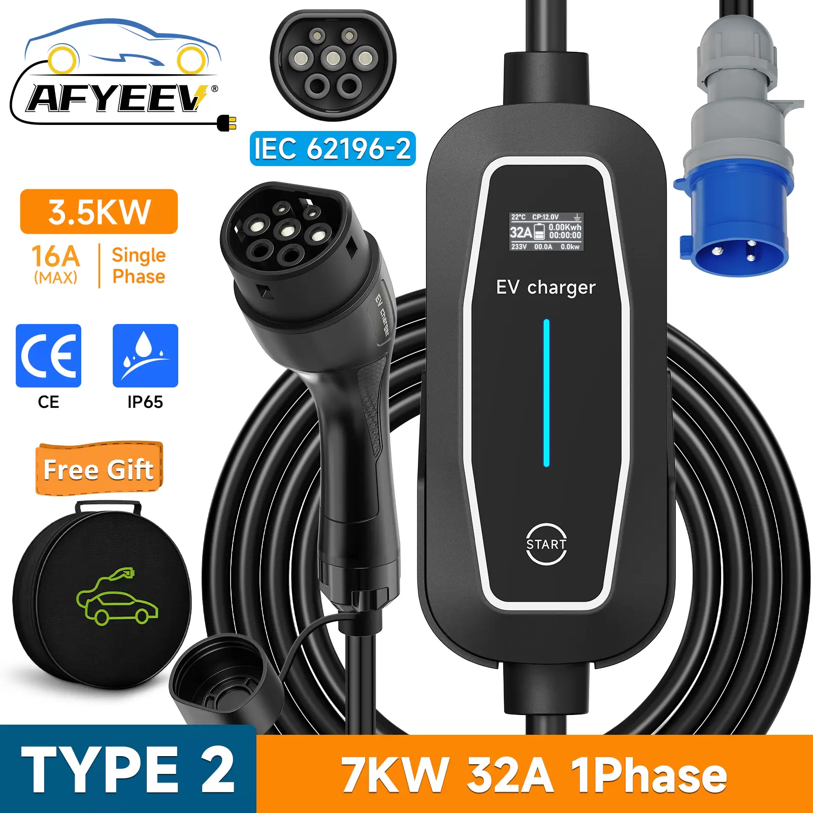 AFYEEV Type 2 Portable EV Charger 7KW 5M Cable Type2 IEC62196 Connector 32A 1Phase Wallbox Charging for Electric Vehicle
