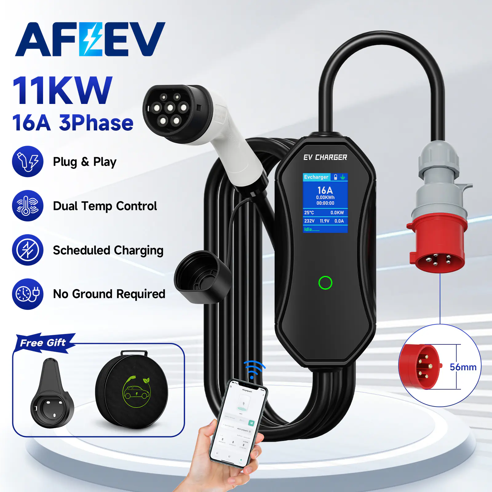 AFEEV Type2 Portable EV Charger 11KW 16A 3P Type2 Car Charger Wi-Fi APP Control EVSE Charging Box CEE Plug for Electric Vehicle