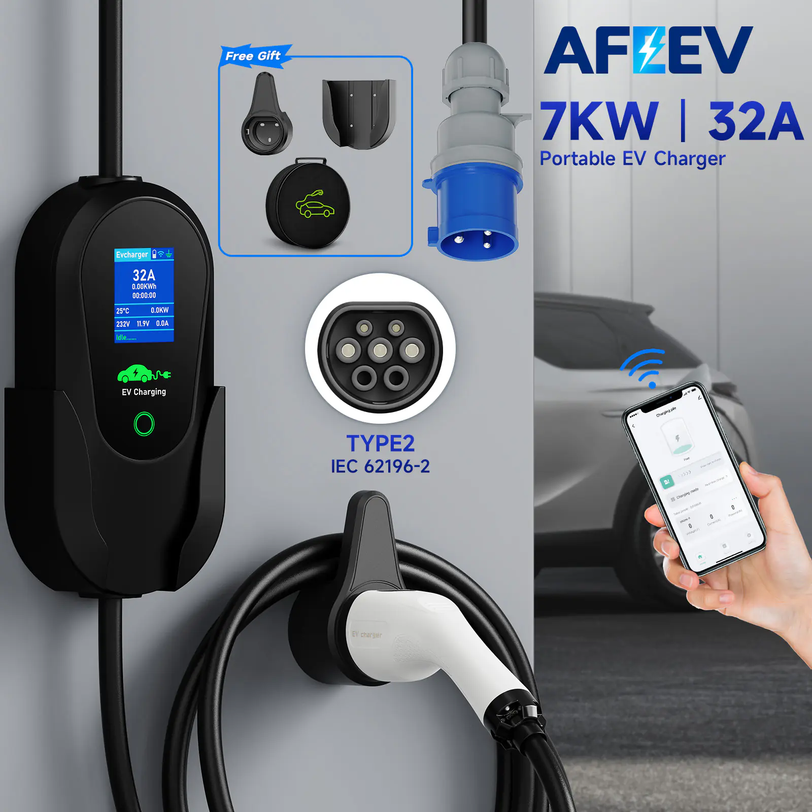 AFEEV Type2 IEC 62196-2 Portable EV Charger 7.2KW 32A Type2 Wallbox EVSE Fast Charging Cable WiFi APP Bluetooth Control