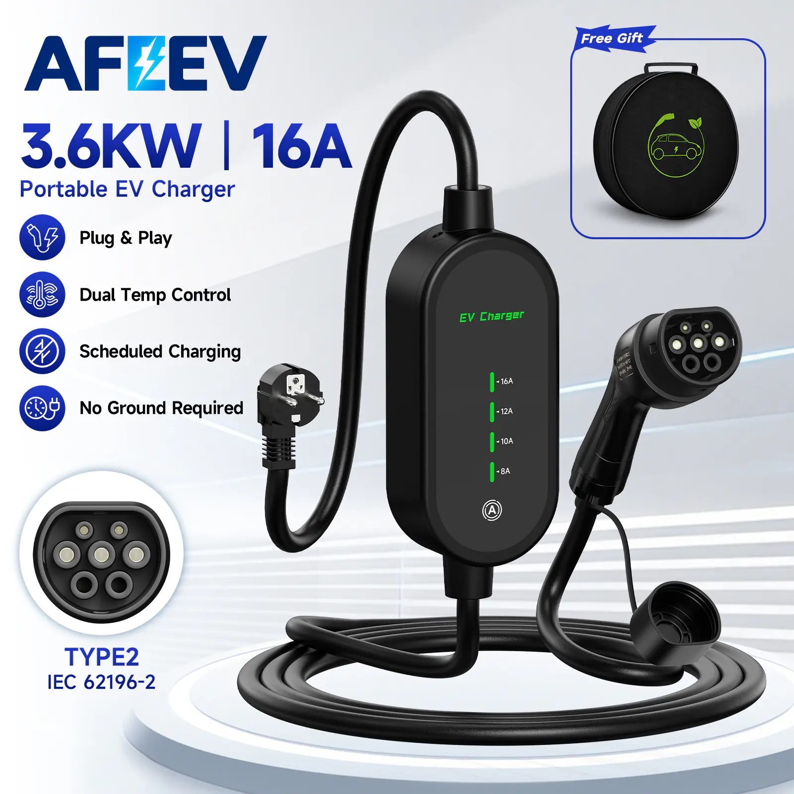 AFEEV Type2 3.5KW 16A 1Phase EV Charger Portable Charging Box Current Adjustable 5m Cable Charging Station for Electric Vehicle