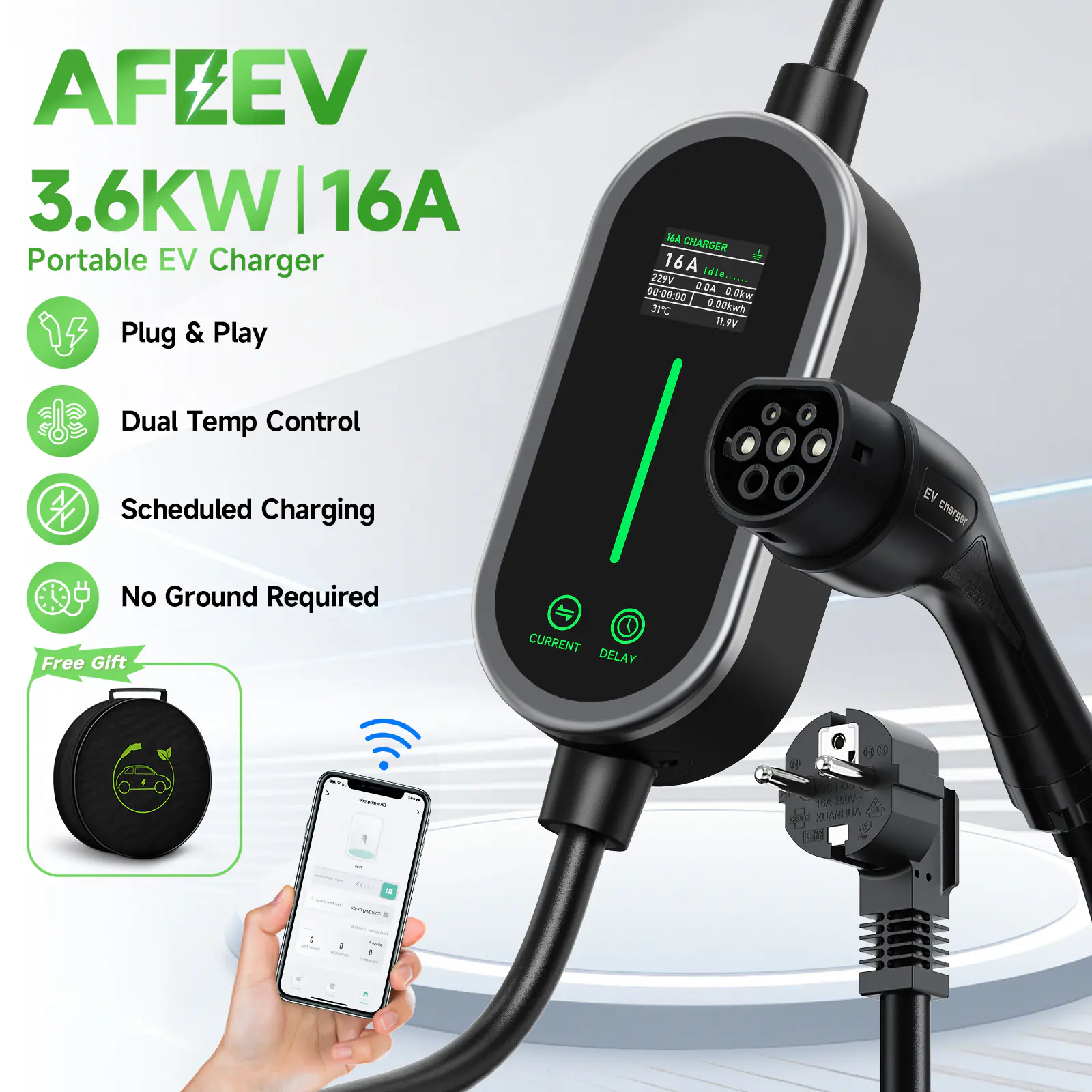 AFYEEV 3.5KW Portable EV Charger 5M Cable Type2 IEC62196 Connector 16A 1Phase Type2 Wallbox Charging for Electric Vehicle