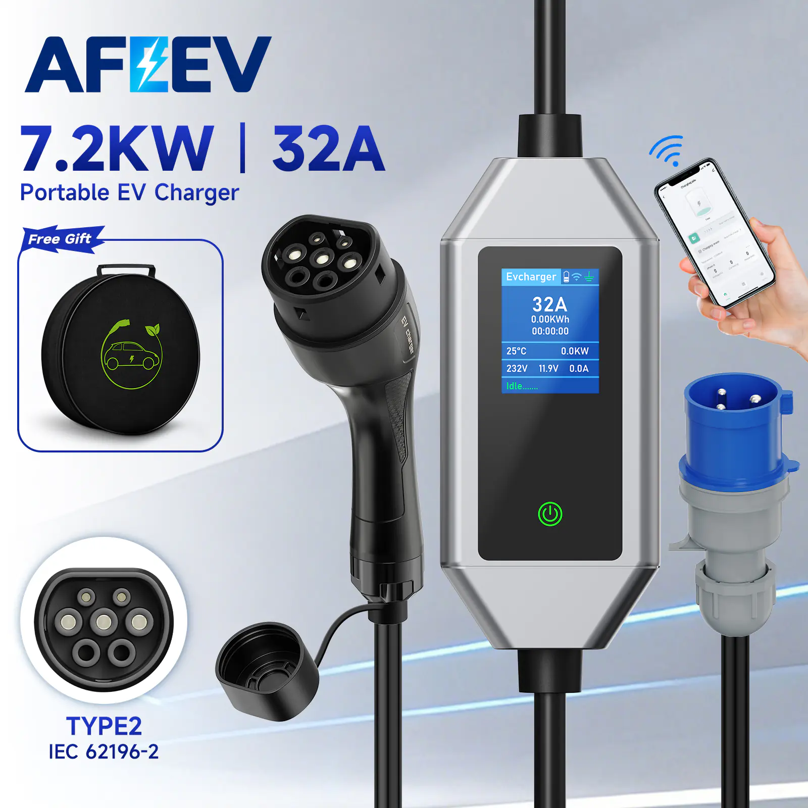AFEEV Type 2 Portable EV Charger 7KW 32A 3Phase Wallbox IEC62196-2 EVSE Fast Charging Cable CEE Plug WIFI APP Bluetooth Control