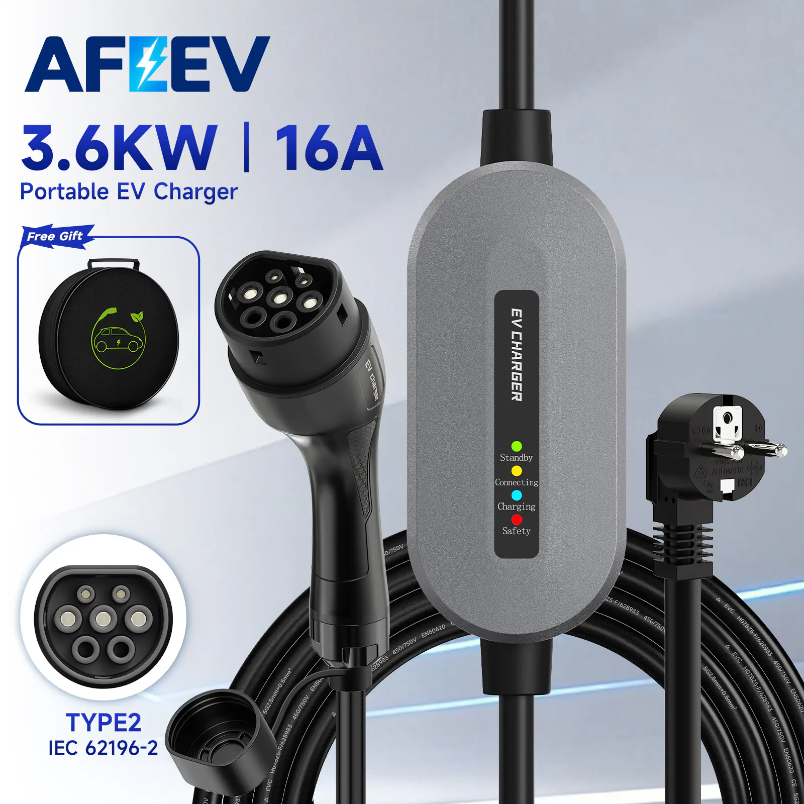 AFEEV 16A 3.6KW Portable Charger Type2 IEC62196-2 Electric Vehicle Charger Type1 SAE J1772 GBT EU Plug Wallbox for Electric Car