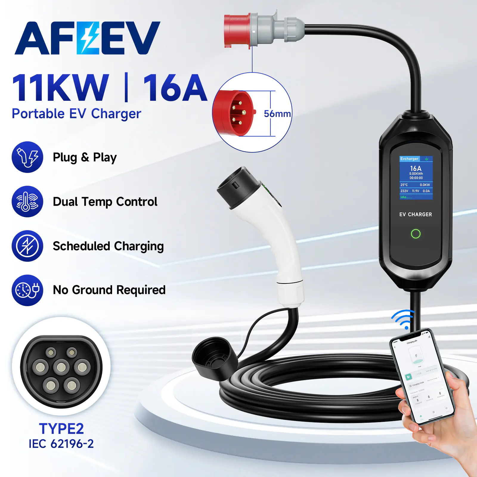 AFEEV Portable EV Charger,16A 11KW with Fix Time Charge, 10m Cable, CEE Plug and EU Adapter, EV Electric car Charger, Current Adjustable