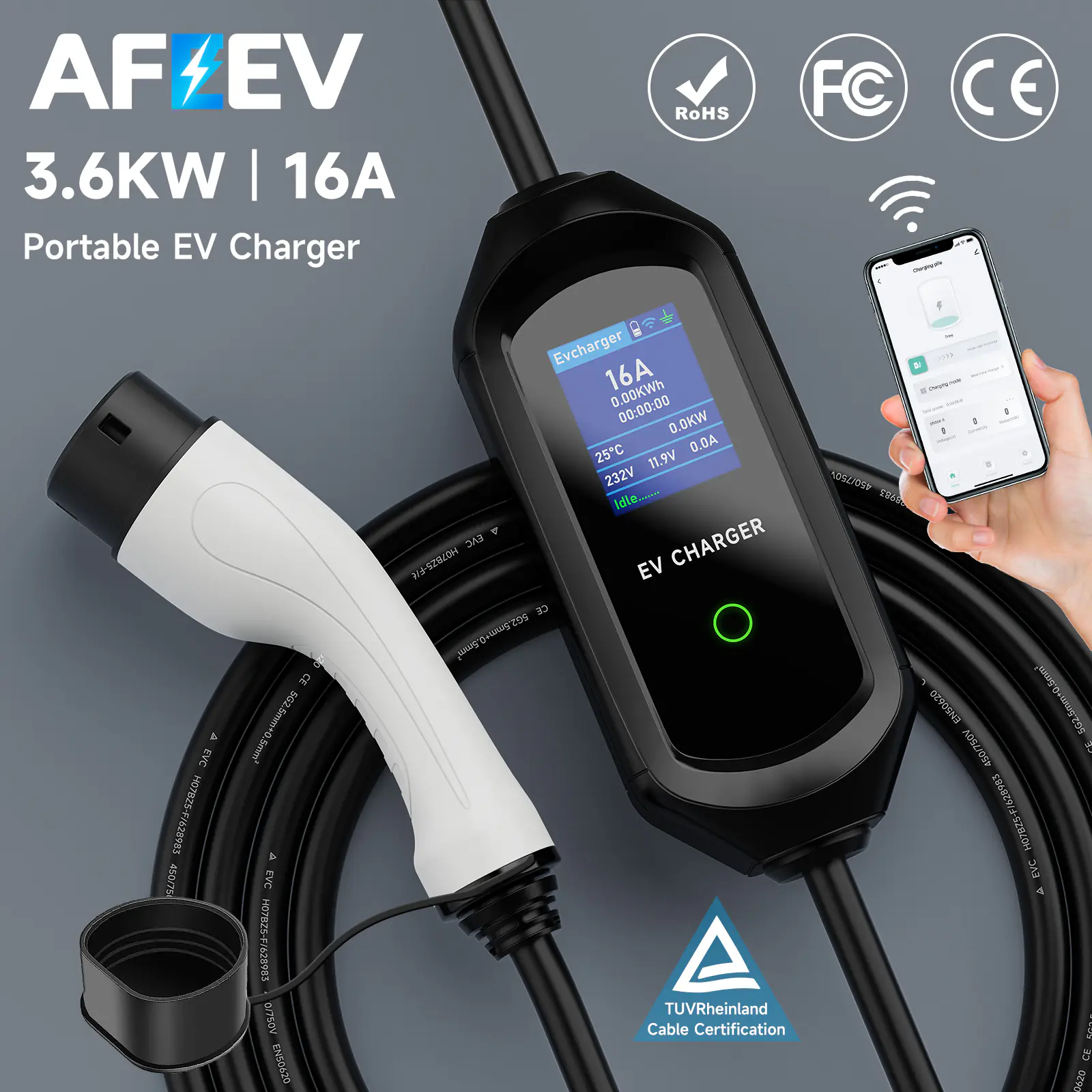 AFEEV EV Charger Cable Type2 IEC62196-2 to EU Plug 10M 16A 3.6kW Portable Electric Car Charger, IP66 Waterproof with LED Indicator, Portable Compatible with EVs & PHEVs