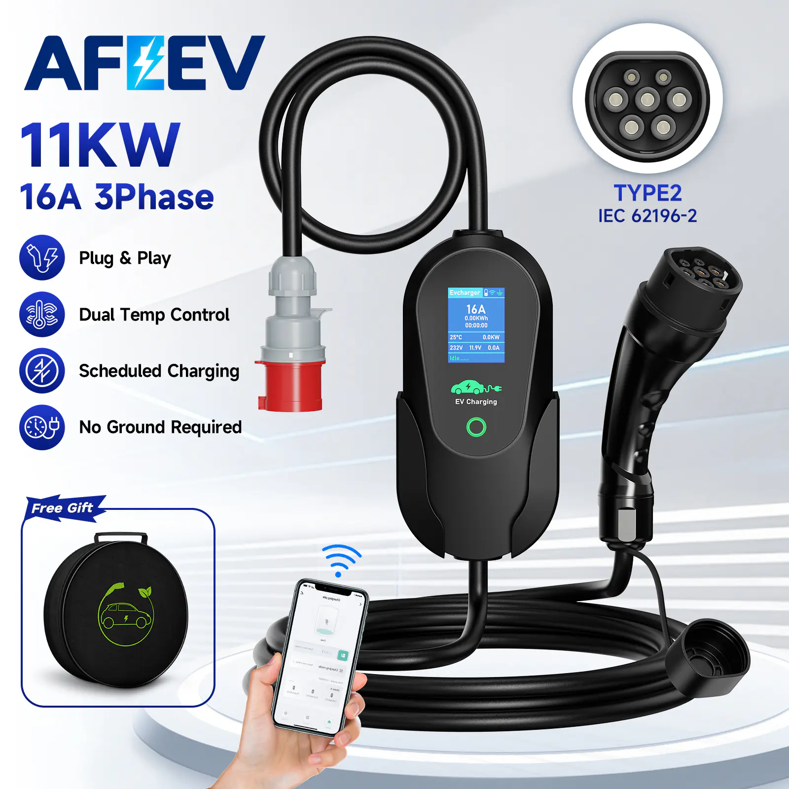 AFEEV EV Charger 16A 11KW Type 2 IEC-62169 CEE Plug Adjust Current Timer EVSE Charging For Hybrid Eletric Vehicle Cars