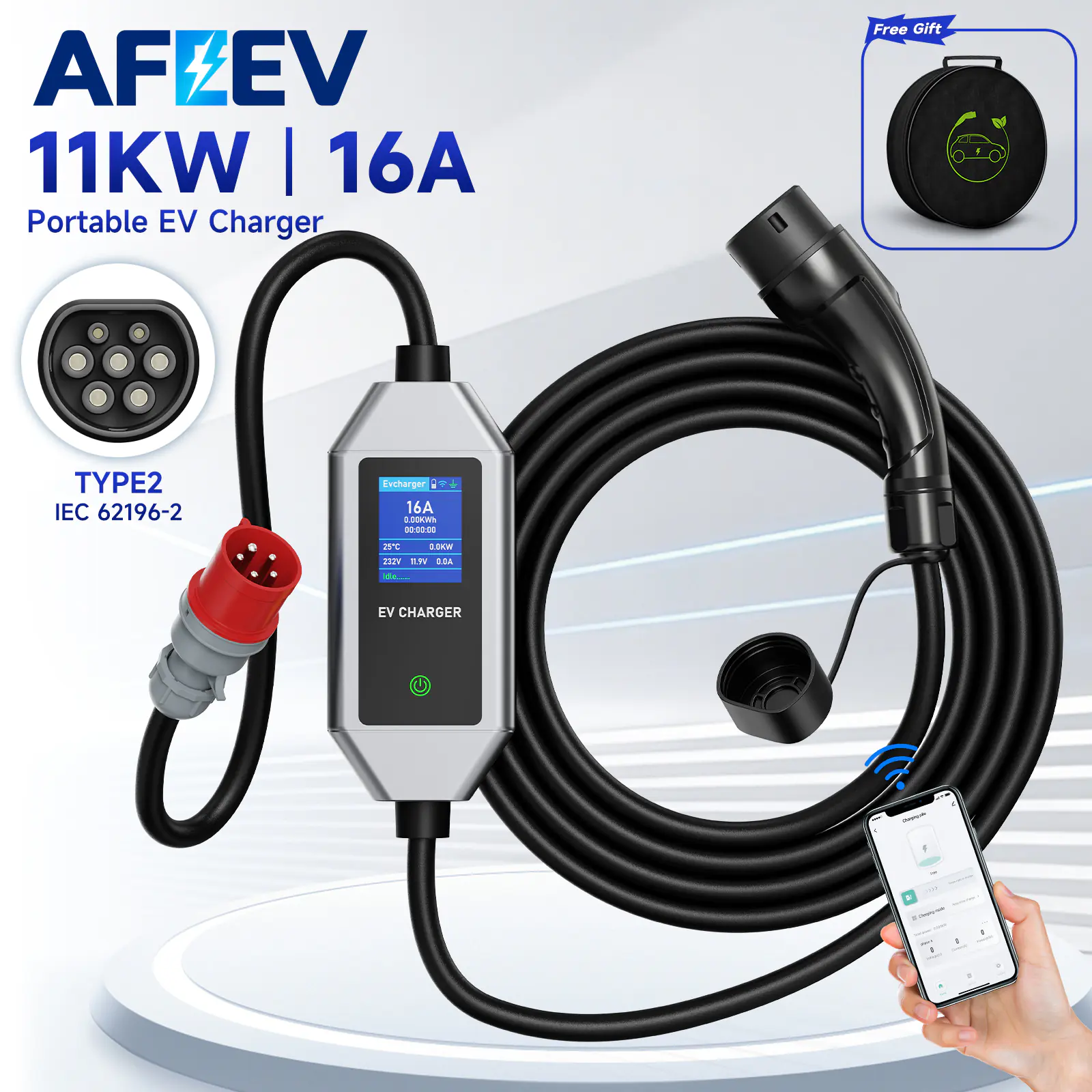 AFEEV Type 2 Portable EV Charger 11KW 16A 3Phase Wallbox IEC62196-2 EVSE Fast Charging Cable CEE Plug WIFI APP Bluetooth Control