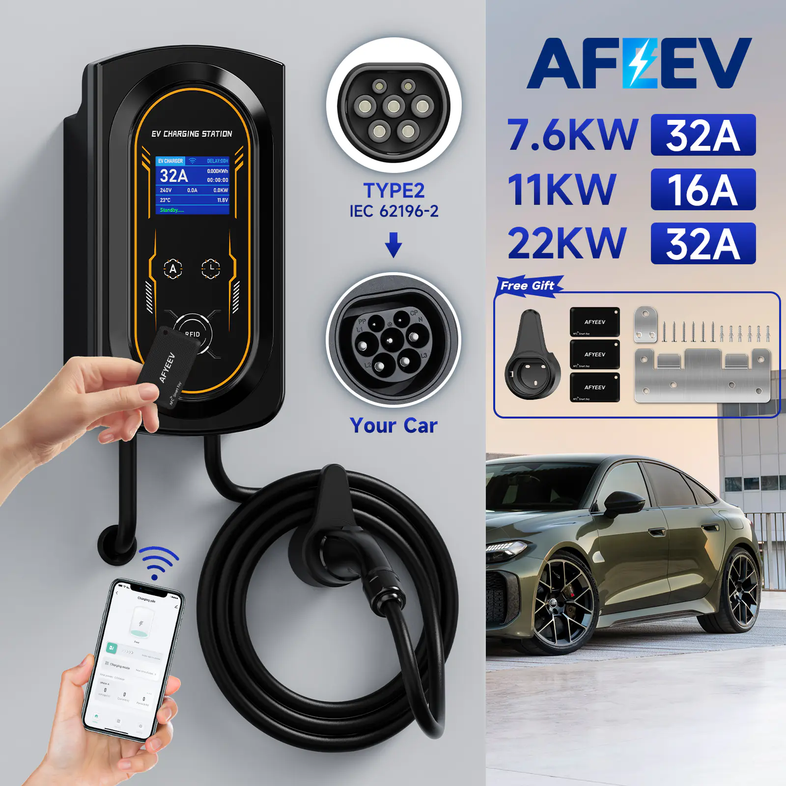 AFEEV 11KW/22KW New Type2 IEC62196-2 16A/32A EV Charging Station 7.6KW Electric Car Wallbox Charger Wi-Fi APP Remote Control CEE Plug